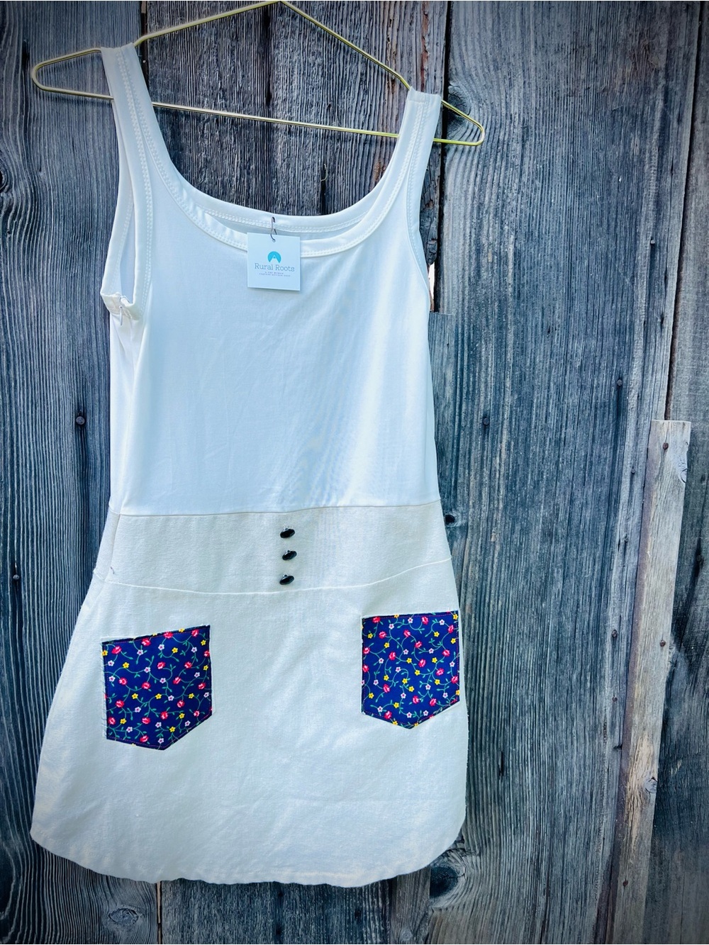 White Sleeveless Pocket Dress with Navy Floral Pockets